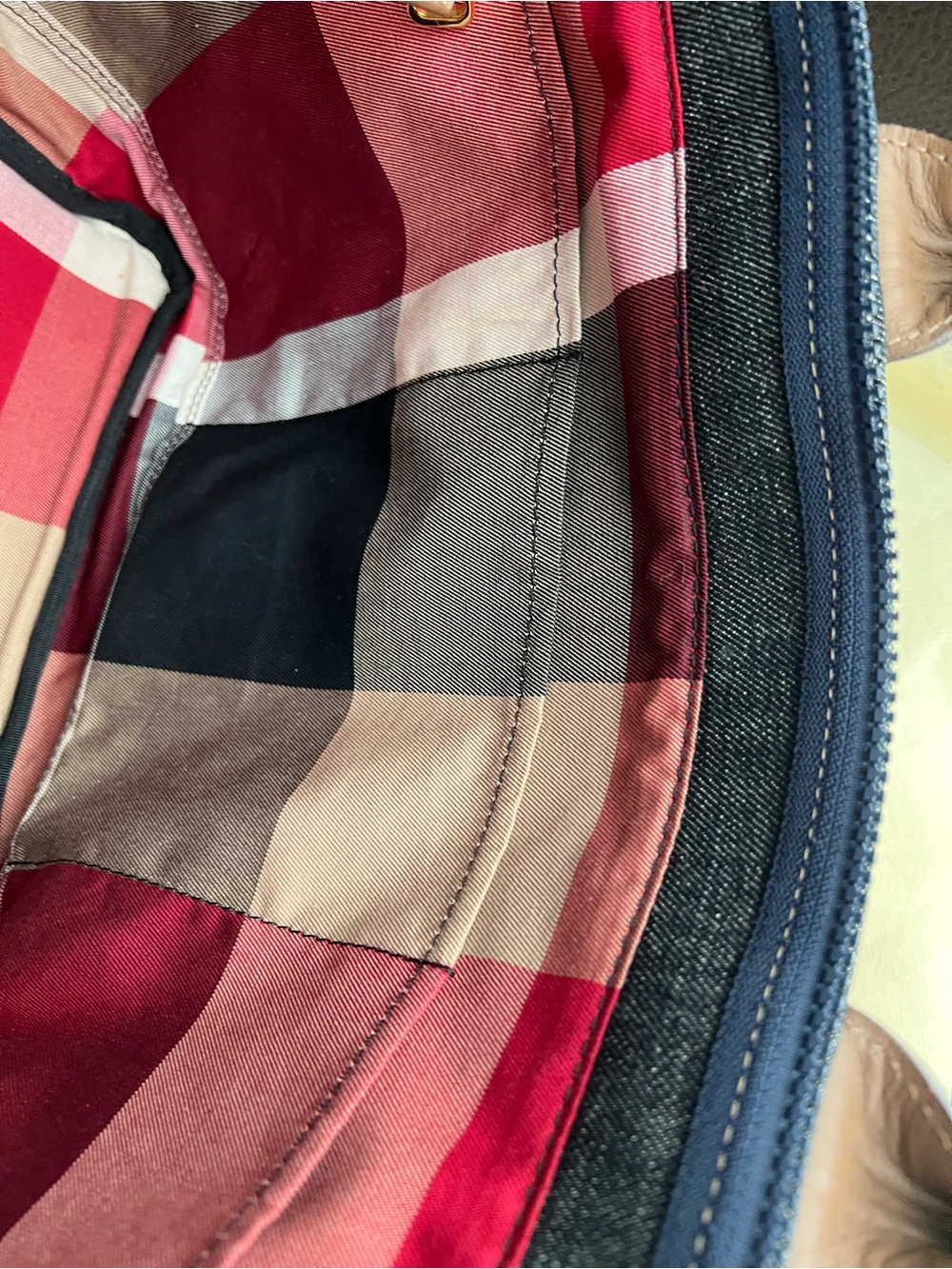 Burberry Blue Label Denim Tote with Pink Patterned Bow and Tan Handles - Picture 4 of 11